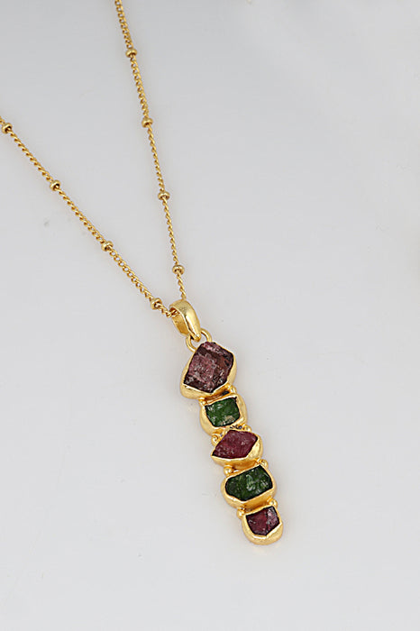 Chain brass gold plated with pendant 5 stones tourmaline