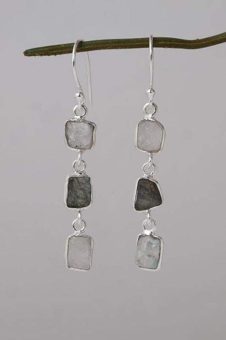 Silver earring 3 stones moonstone/labradorite