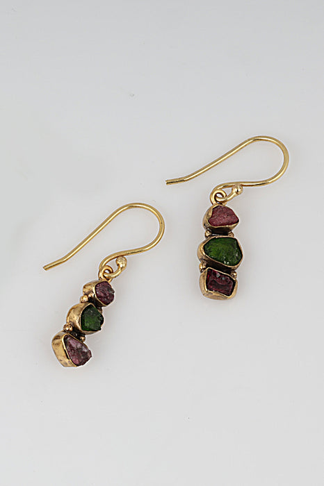 Earring brass gold plated 3 stones tourmaline