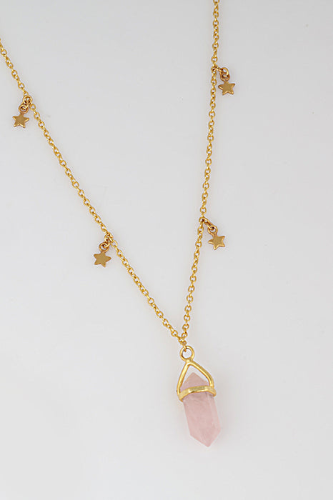 Gold plated brass chain with rose quartz pendant