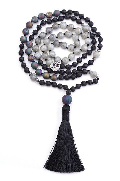 Mala necklace 8mm druzy stone, labradorite, 6mm lava stone with tree of life pendant / 108 beads