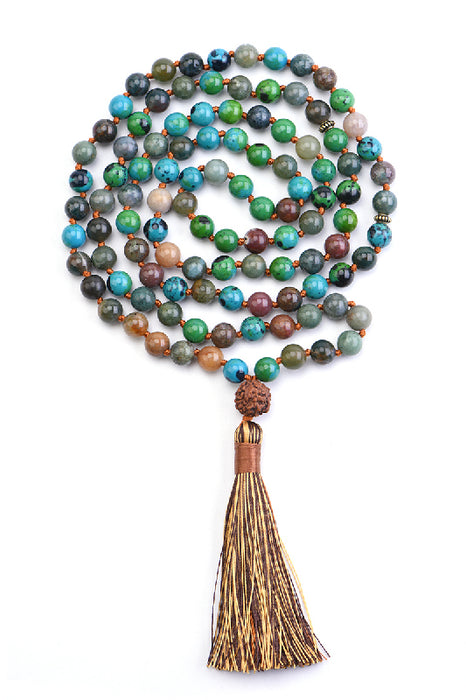 Mala necklace 8mm Indian agate, chrysocolla / 108 beads