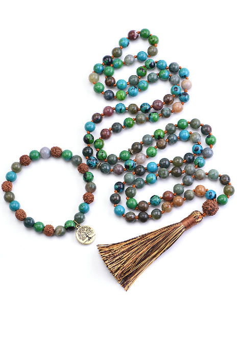 Mala necklace 8mm Indian agate, chrysocolla / 108 beads