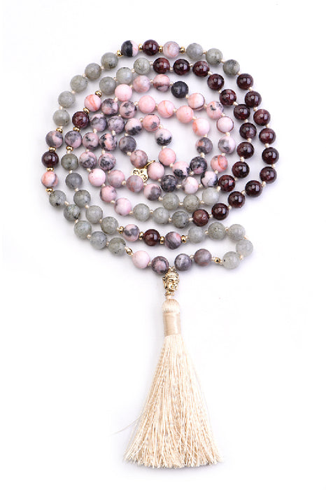 Mala necklace 8mm labradorite, garnet, pink zebra jasper with lotus flower pendant / 108 beads