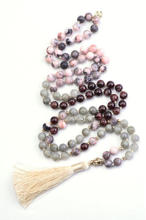 Mala necklace 8mm labradorite, garnet, pink zebra jasper with lotus flower pendant / 108 beads