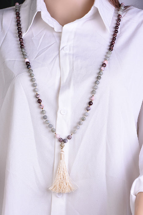 Mala necklace 8mm labradorite, garnet, pink zebra jasper with lotus flower pendant / 108 beads