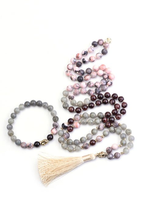 Mala necklace 8mm labradorite, garnet, pink zebra jasper with lotus flower pendant / 108 beads