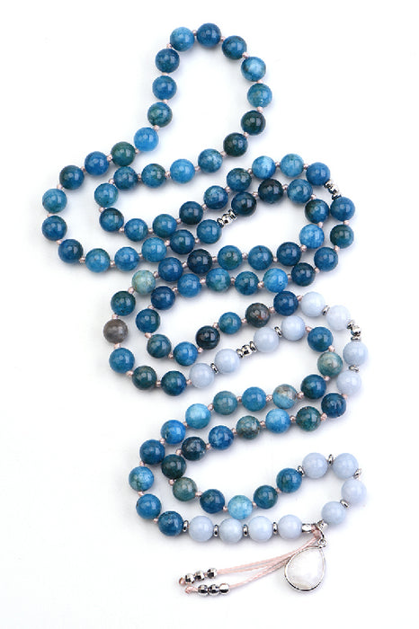 Collier Mala 8mm apatite bleue, aigue-marine / 108 perles