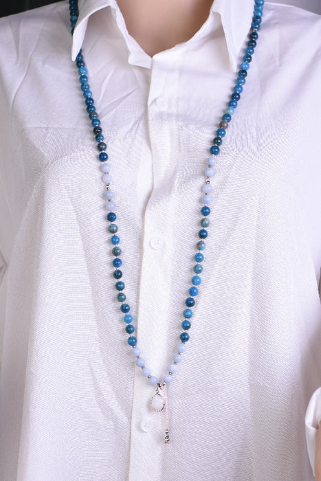 Collier Mala 8mm apatite bleue, aigue-marine / 108 perles