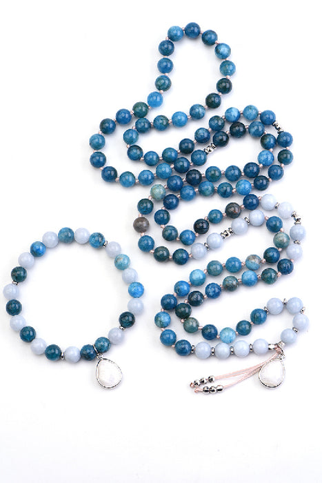 Collier Mala 8mm apatite bleue, aigue-marine / 108 perles