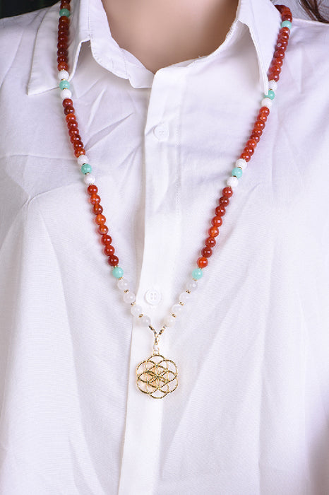 Mala necklace 8mm selenite, blue amazonite, carnelian, moonstone / 108 beads