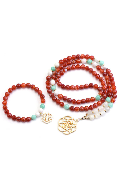 Mala necklace 8mm selenite, blue amazonite, carnelian, moonstone / 108 beads