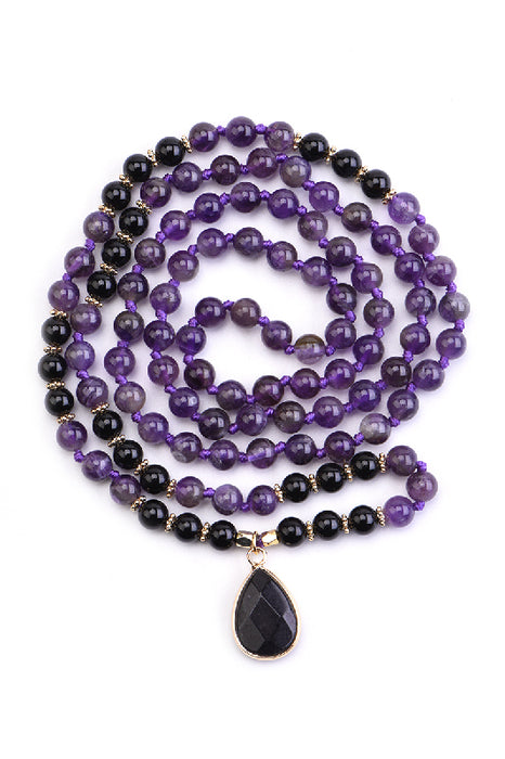 Mala necklace 6mm amethyst, black onyx / 108 beads