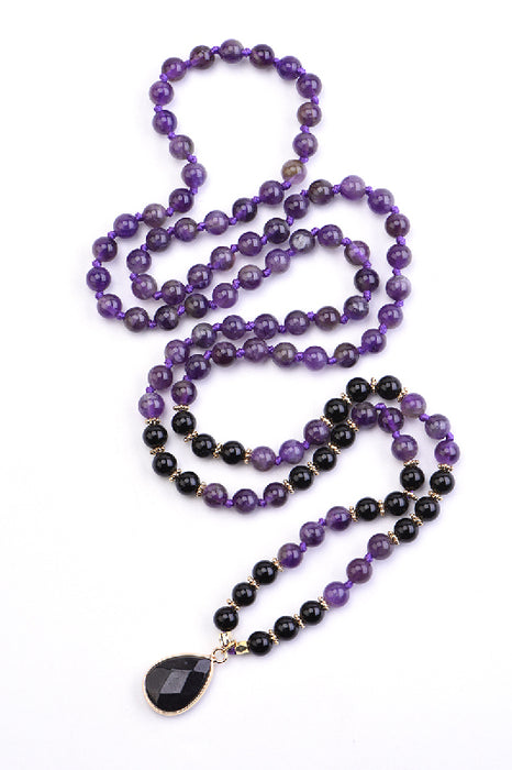 Mala necklace 6mm amethyst, black onyx / 108 beads