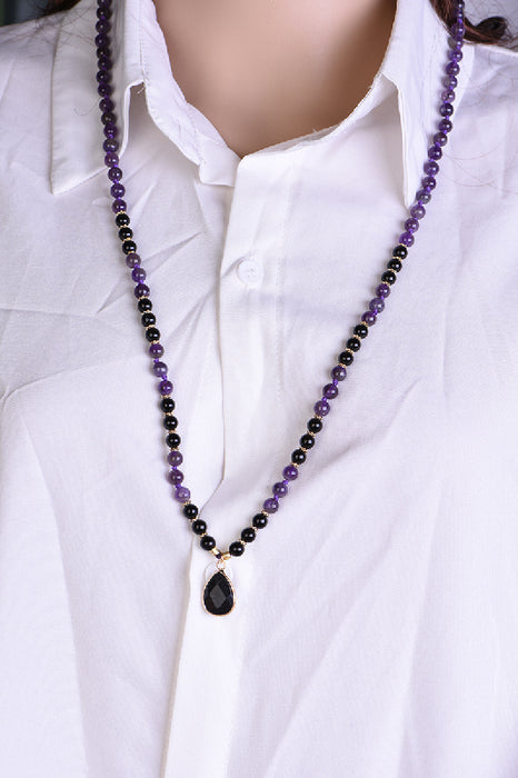 Mala necklace 6mm amethyst, black onyx / 108 beads