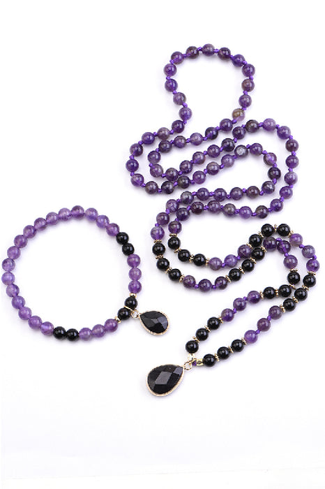 Mala necklace 6mm amethyst, black onyx / 108 beads