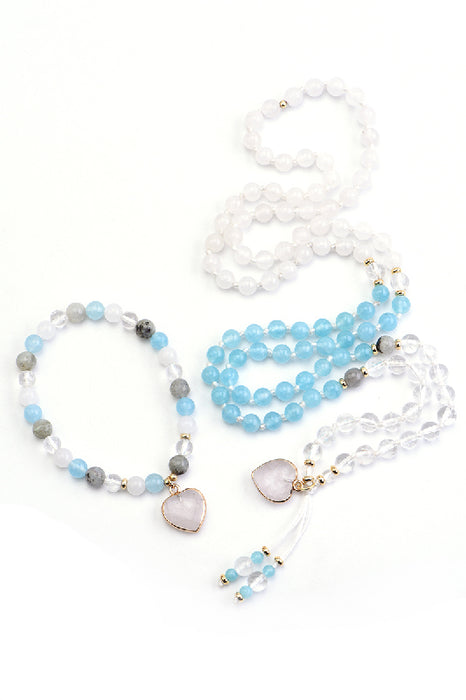 Mala necklace 6mm crystal quartz, labradorite, aquamarine, white jasper / 108 beads