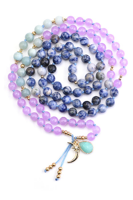 Collier Mala 8mm jade violet, amazonite bleue, jade bleu / 108 perles