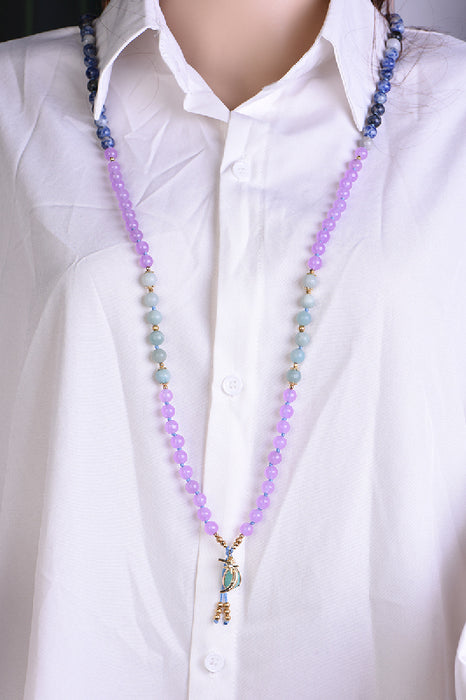 Collier Mala 8mm jade violet, amazonite bleue, jade bleu / 108 perles