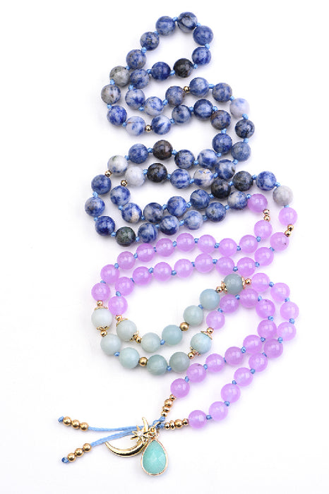 Collier Mala 8mm jade violet, amazonite bleue, jade bleu / 108 perles