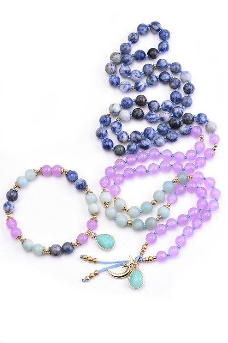 Collier Mala 8mm jade violet, amazonite bleue, jade bleu / 108 perles