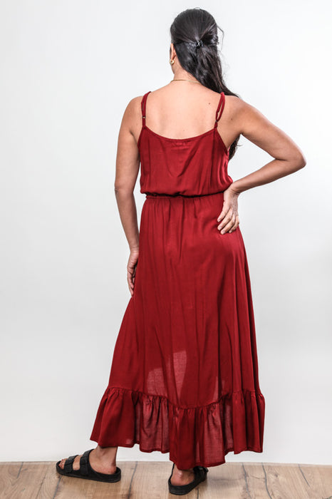 Robe longue rouge à bretelles et volant - taille unique