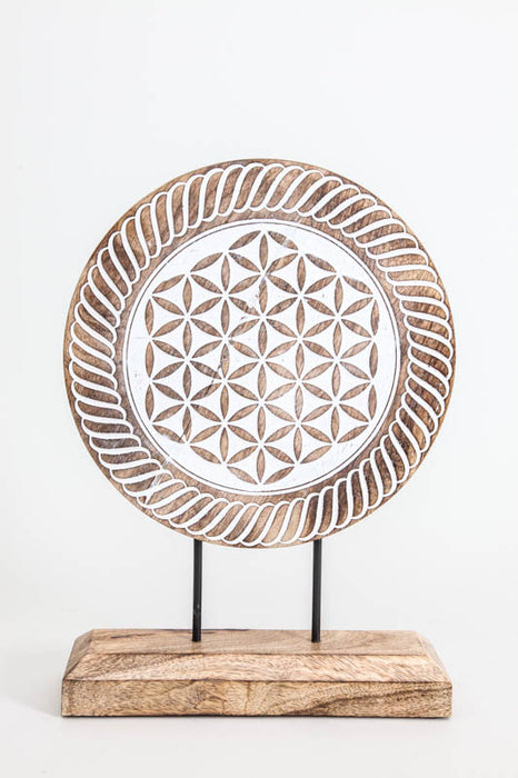 Decoration round flower of life on stand mango wood antique white 25 x 7.5 x 32 cm