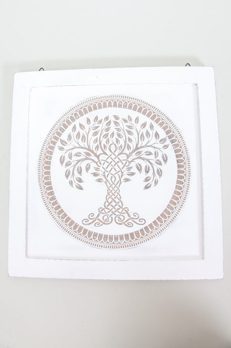 Wall decoration mango wood antique white tree of life 40 x 40 cm