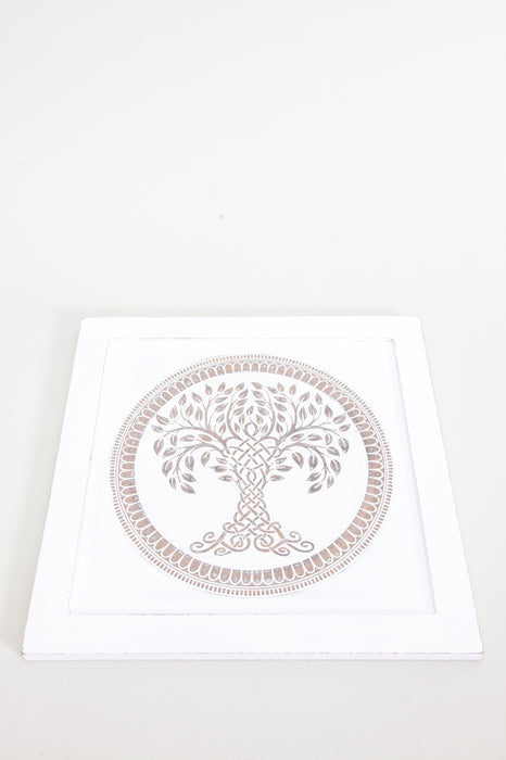 Wall decoration mango wood antique white tree of life 40 x 40 cm