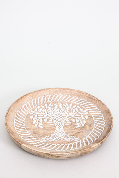 Decorative plate mango wood round antique white tree of life 20 cm