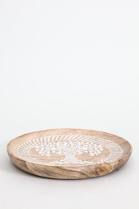 Decorative plate mango wood round antique white tree of life 20 cm