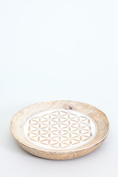 Decorative plate mango wood round antique white flower of life 15.5 cm