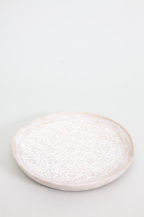 Decorative plate mango wood round antique white flowers 20 cm