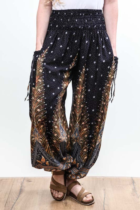 Harem pants wide legs peacock feathers black - One Size