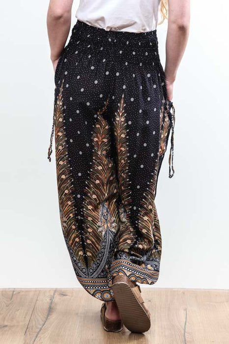 Harem pants wide legs peacock feathers black - One Size