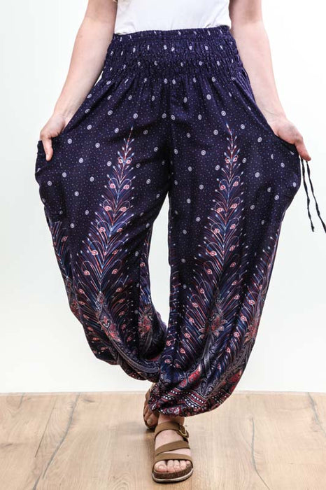 Harem pants wide legs peacock feathers purple - One Size