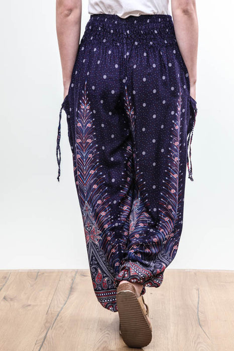 Harem pants wide legs peacock feathers purple - One Size