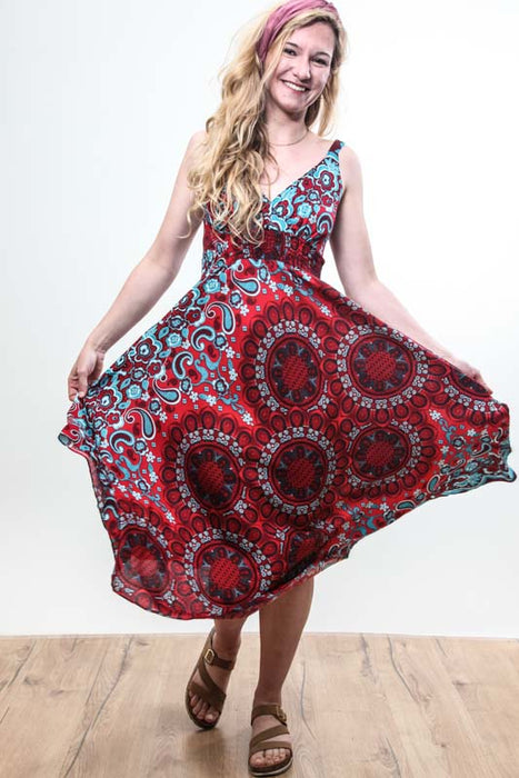 Spaghetti strap dress long red patterned - One Size