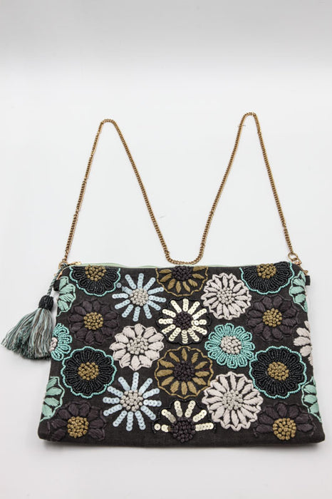 Shoulder bag small cotton hand embroidered flower heads 20x30 cm