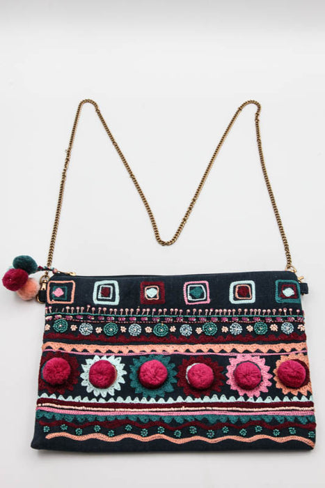 Shoulder bag small cotton hand embroidered patterned 20x30 cm