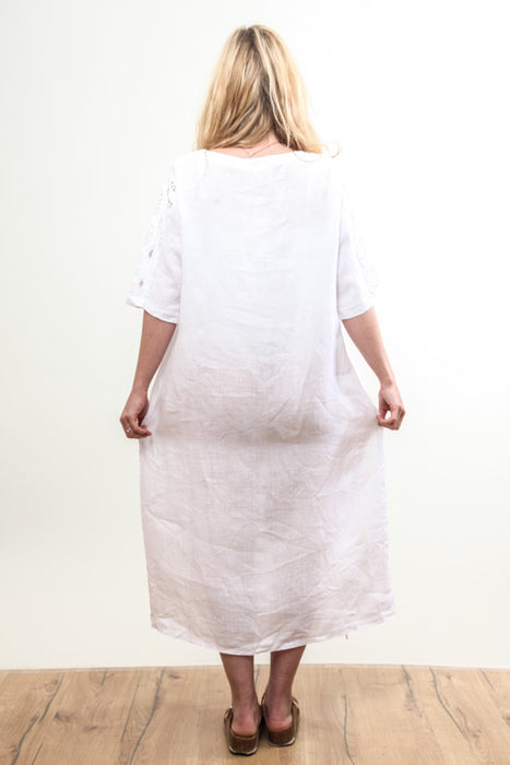 Linen dress 3/4 sleeve with crochet pattern long white - One Size