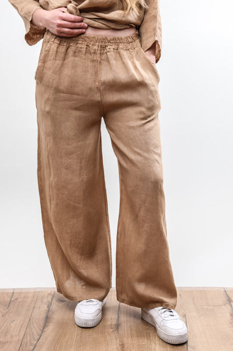 Linen trousers caramel elastic waistband - One Size