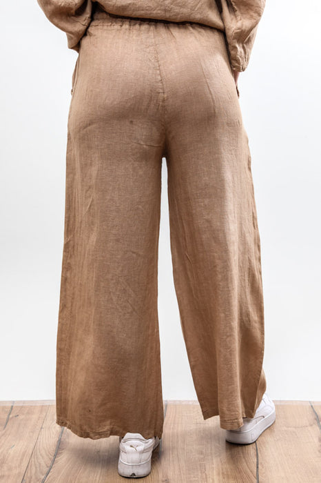 Linen trousers caramel elastic waistband - One Size