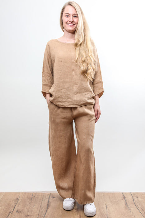 Linen trousers caramel elastic waistband - One Size