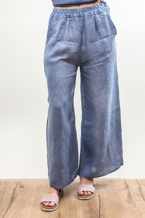 Pantalon en lin jeans bleu ceinture élastique - taille unique