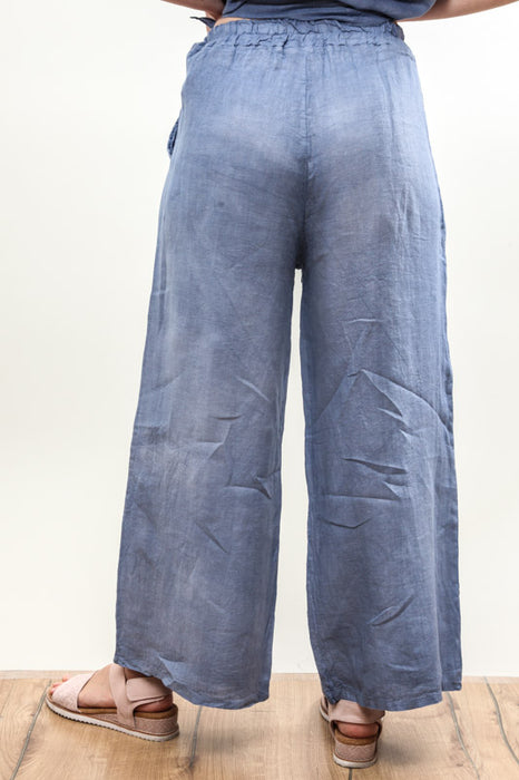 Pantalon en lin jeans bleu ceinture élastique - taille unique