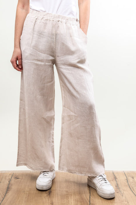 Pantalon en lin avec ceinture élastique beige - taille unique