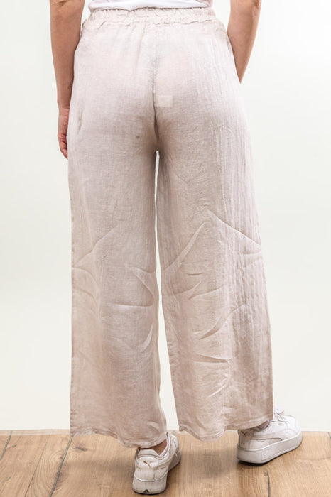 Pantalon en lin avec ceinture élastique beige - taille unique