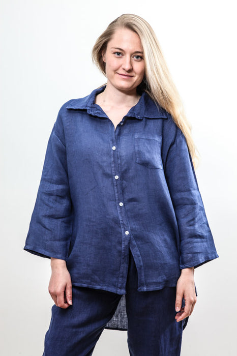 Blouse longue en lin bleu - taille unique