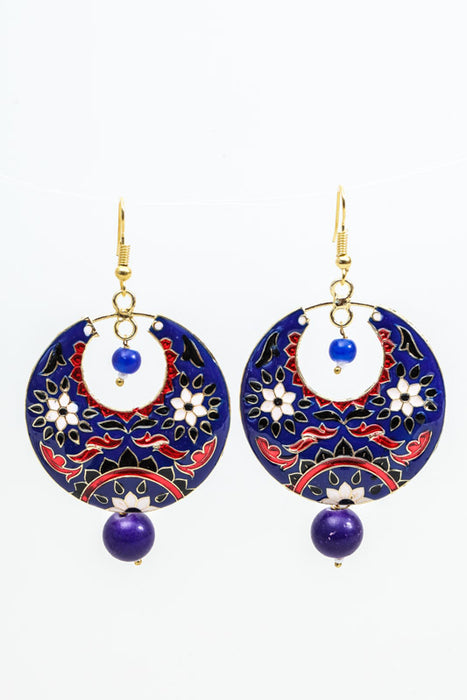 Earrings brass round decorated dark blue